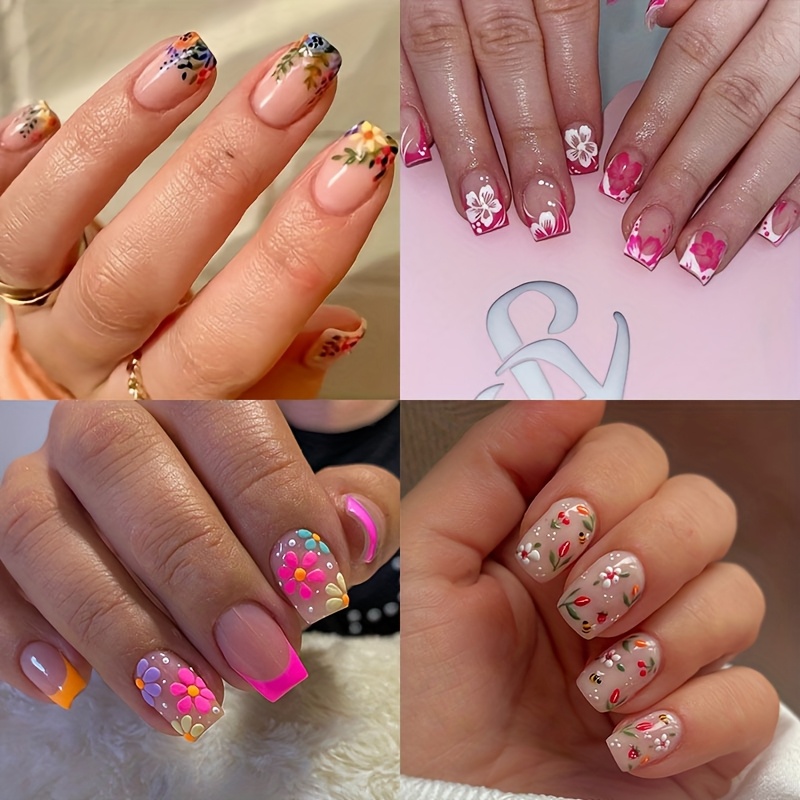 96pcs 4pcs Press-on Nails Short Square False Nails Pink Flowers Full Coverage Stickers Spring/Summer Nail Design Suitable for Women's Office, Travel, Holiday Gift