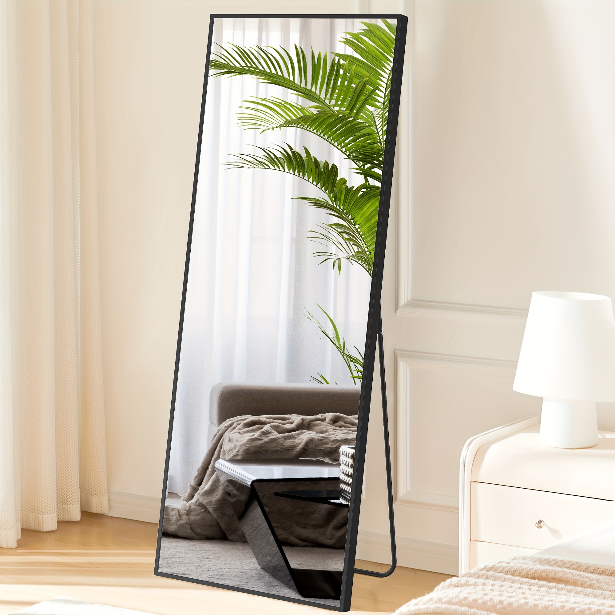 

Full Length Mirror For Hotel Bedroom, 64"x21" Size With Stand, Tall Full Body Mirror, Hanging Or Leaning For Wall, Aluminum Alloy Thin Frame Floor Standing For Living Room, Bedroom, Lounge, Dress Room