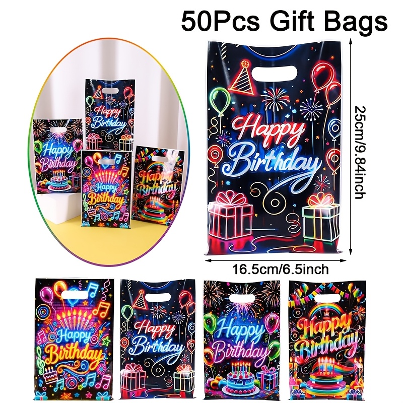 TEMU Gift For Her/him 10/20/50pcs Fluorescent Tote Bag Packs, Neon Happy Birthday Plastic Gift Bags, Gift Packaging Bags With Handles, Birthdays,