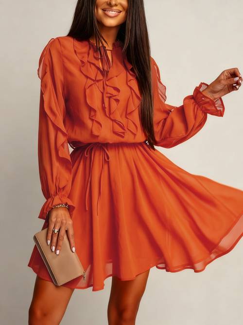 poza articolului rochie nouă pentru femei, elegantă și la modă, stil navetist, de culoare solidă, cu volane și șnur, cu mâneci lungi, pentru întâlniri