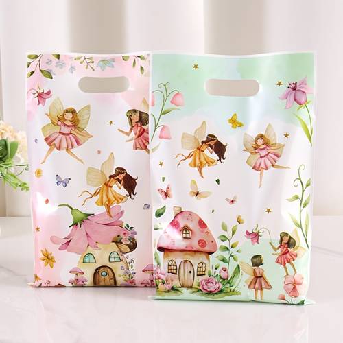 10/ stk. fe-gaveposer, 4 designs – fe pink plastikpose med håndtag, sommerfugl blomster genanvendelige festposer, fe-tema fødselsdagsfest tilbehør, gaveindpakningsposer