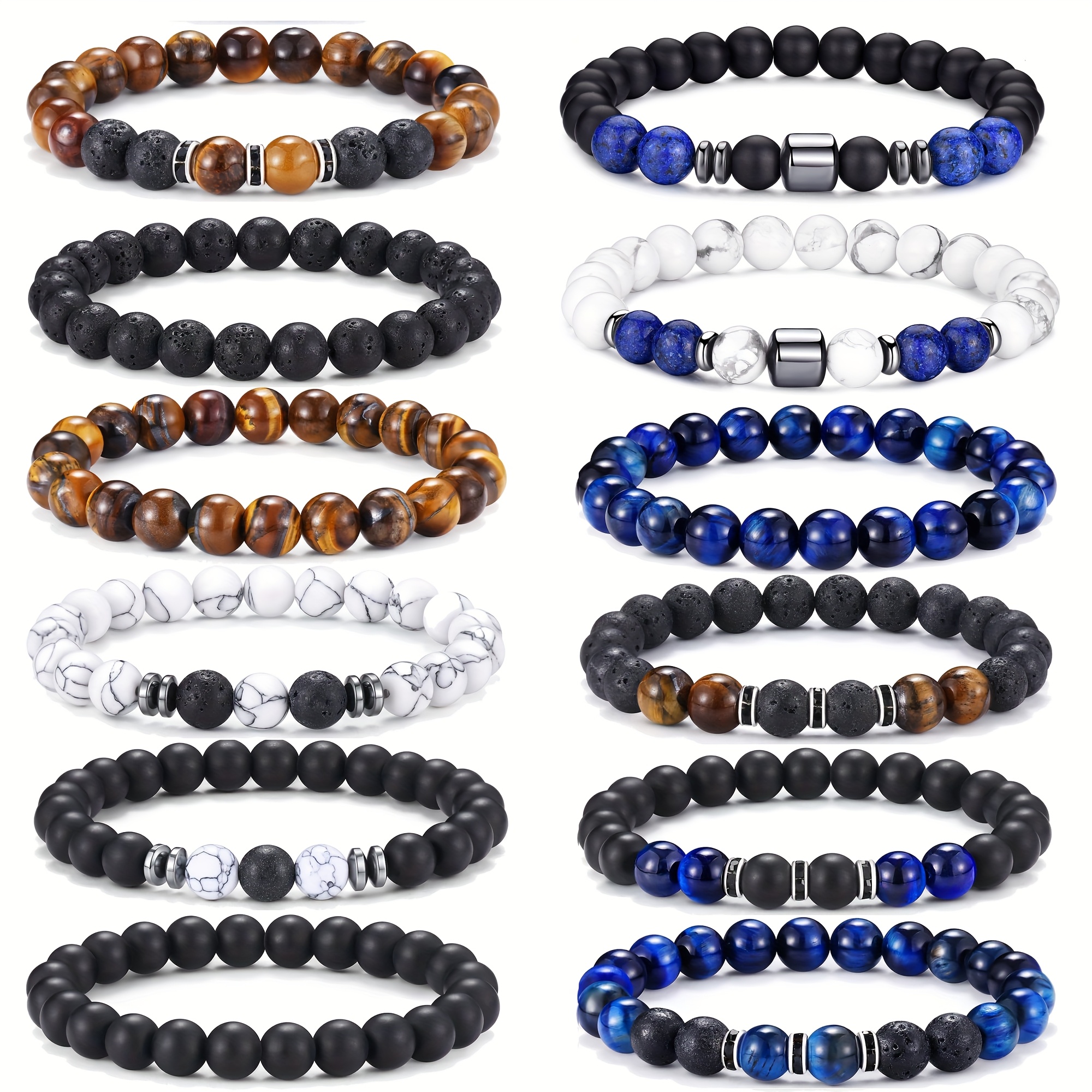 TEMU 12 Natural Stone Bead Bracelets, Suitable For Men And Women. The 8mm Adjustable Eye Bracelet With Black Beads Features An Elegant And