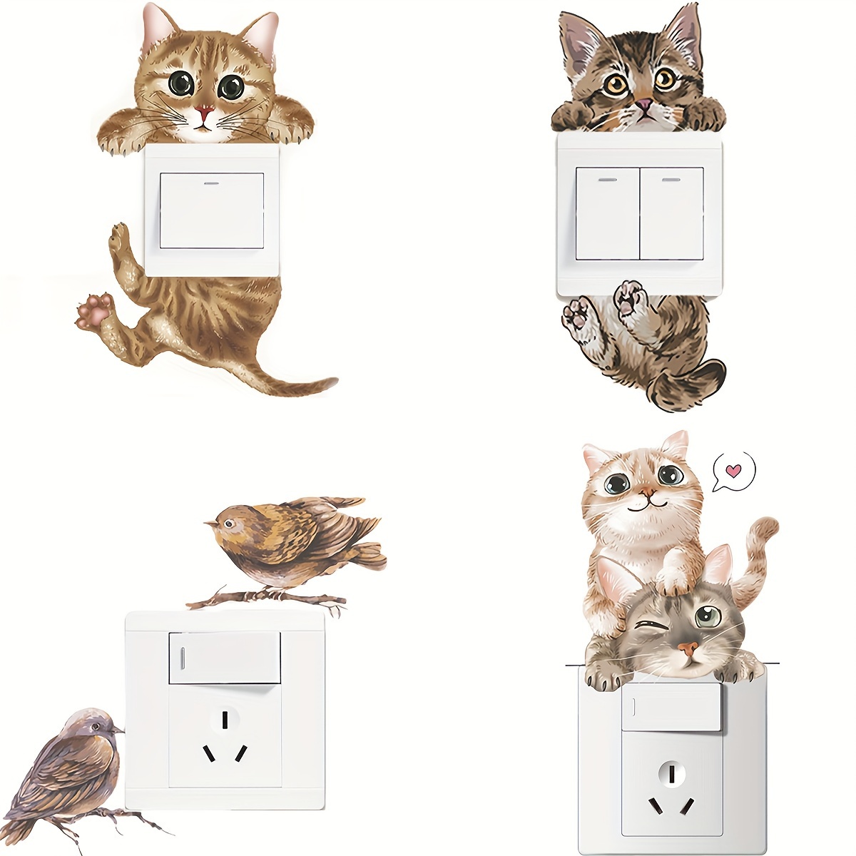 

1pc Cartoon Cute Cat And Bird Switch Sticker, Home Decor Wall Decal, Self-adhesive Pvc Material - Single Use