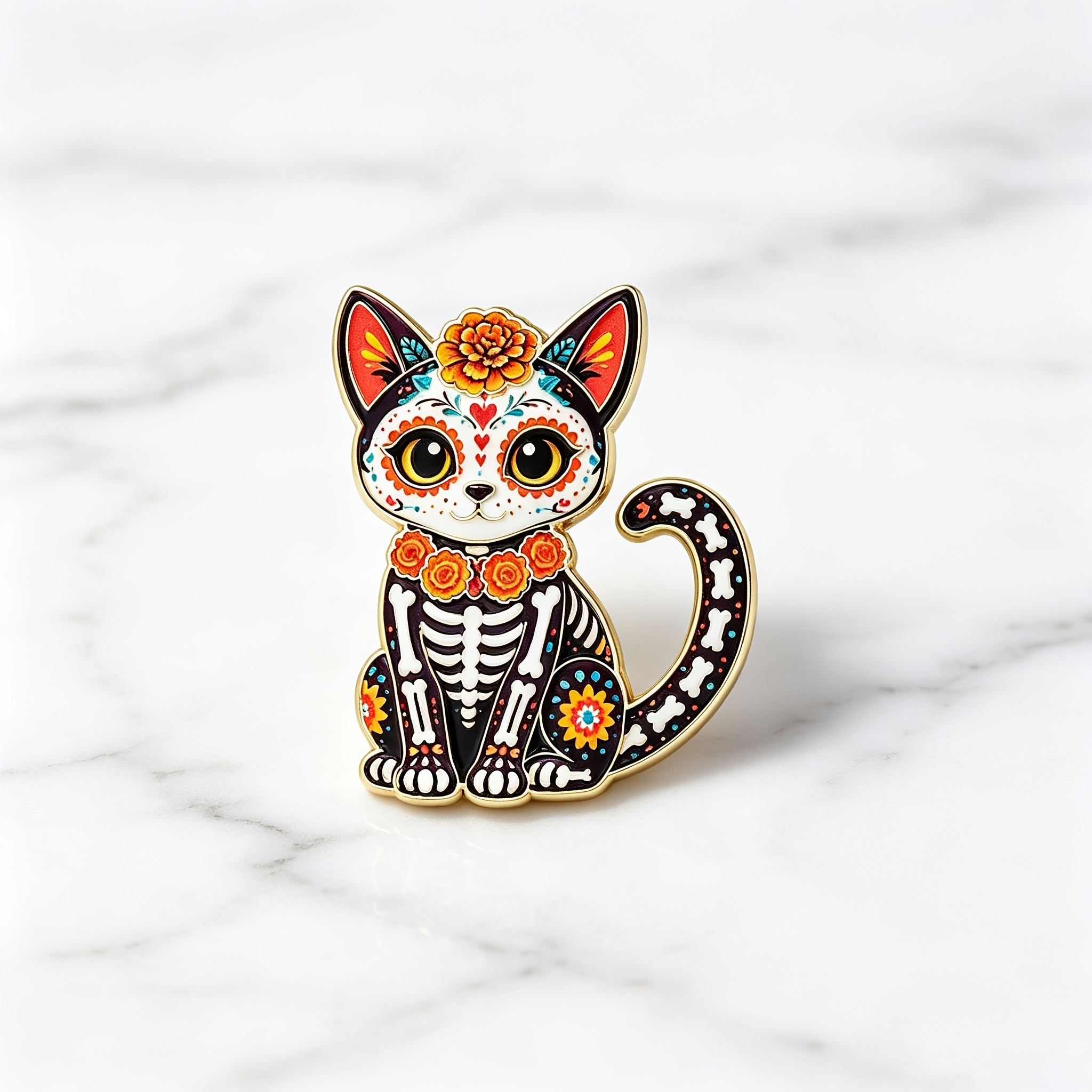 TEMU Skeleton Cat Enamel Pin, With Jackets, Sun Hats, And Handbags For Casual Attire