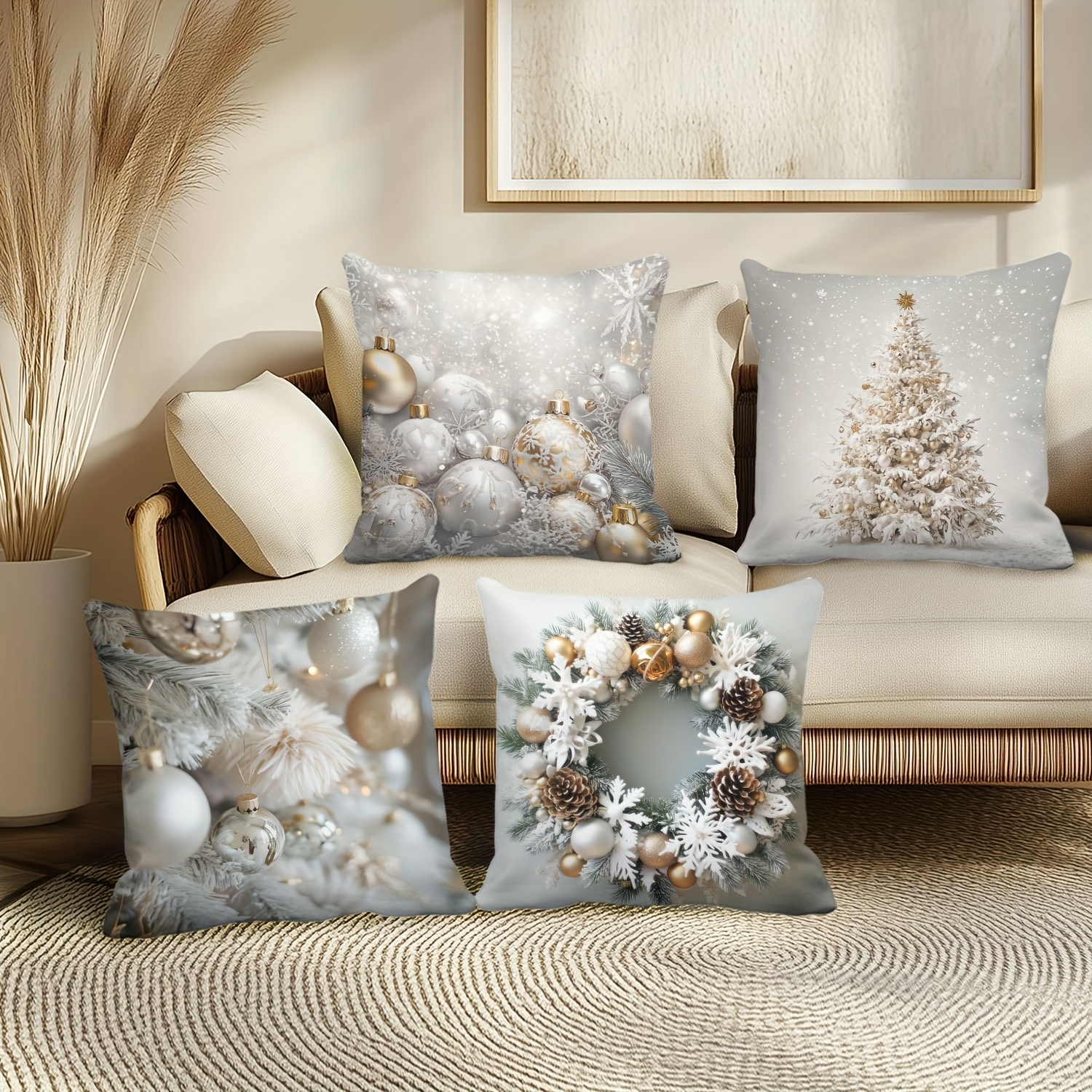 

4- Christmas Set, 3d Decor Pattern, , Washable, For Decor - 18x18 ( Inserts Not Included)