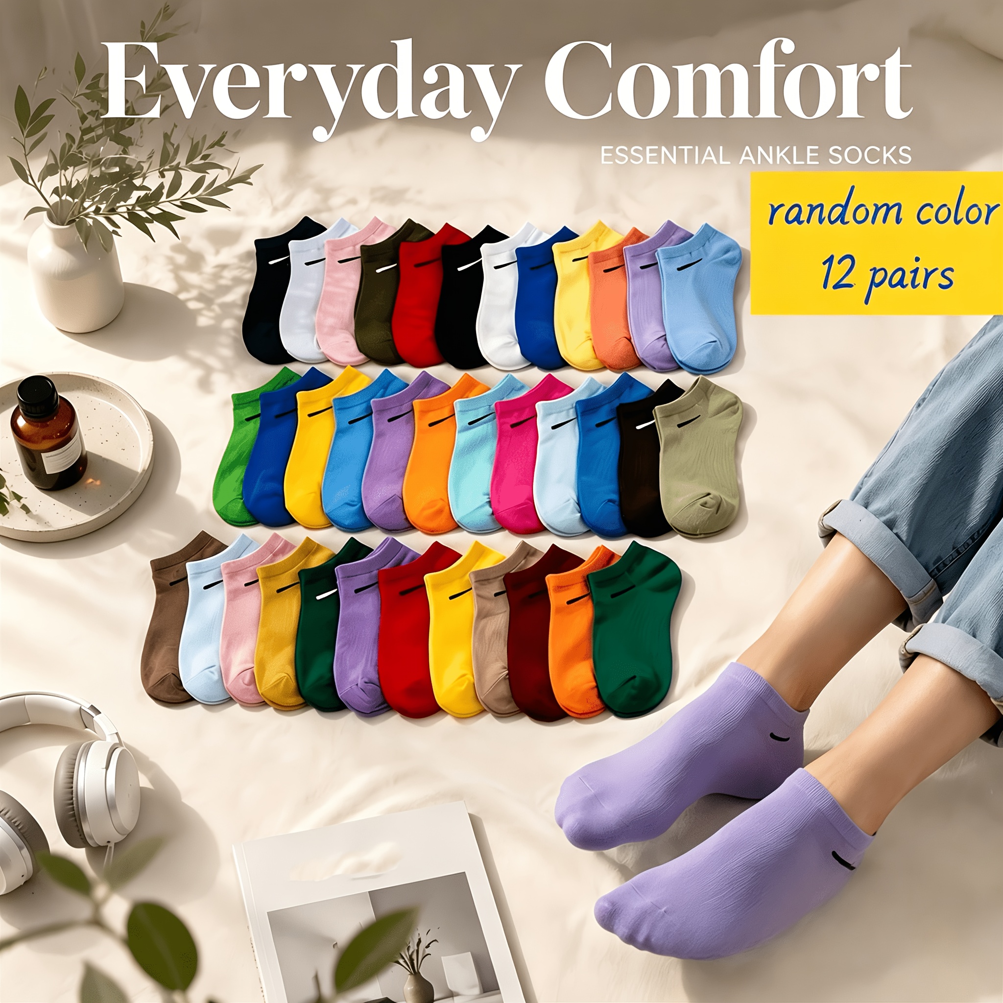 TEMU 36 Random Colors 12 Pairs Women's Ankle Socks, Mixed Pastel Bright Candy Colored, Soft Breathable Fabric, For Spring Summer Daily Casual Wear,