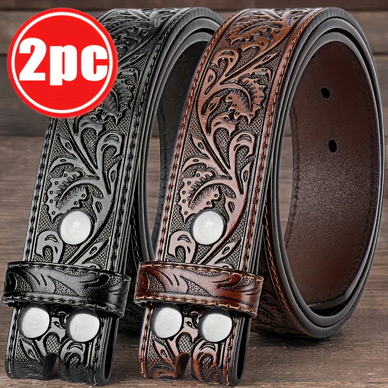 1/2pcs Embossed Western Denim Style Men's And Women's Waist Belt, With Durable And Stylish Denim And Women's Denim Additions, Buttonless, Black