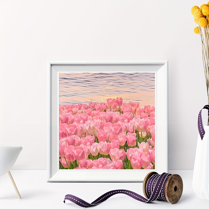 

5d Diy Full Drill Diamond Painting Kit - Round Acrylic Tulip Flower Sea Diamond Embroidery Cross Stitch Mosaic Art Craft, Frameless 20x20cm Wall Decor