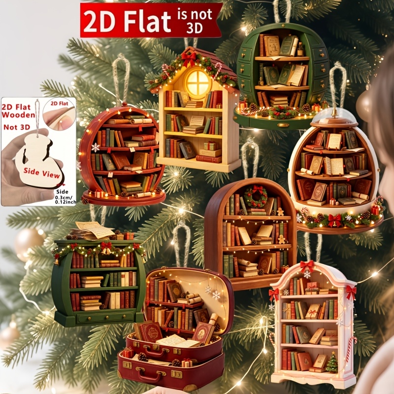 TEMU 2d Flat, 8pcs 2d Flat Bookshelf Hanging Ornaments With Wood Books & Rope - Fairy Tale-themed Shelf Decor Suitable For Christmas, Halloween,