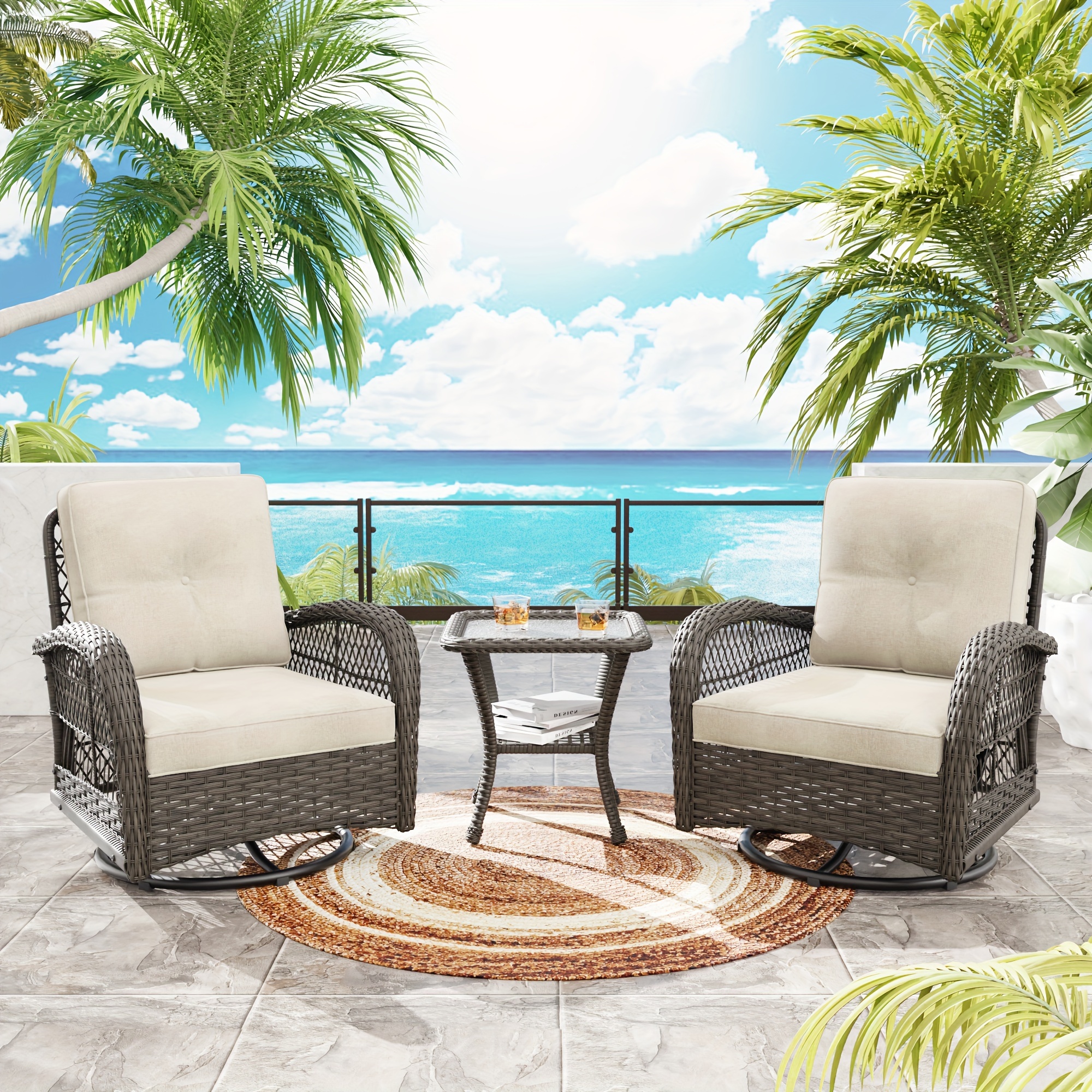 3pcs Outdoor Wicker Patio Swivel Rocking Chair Set with Cushioned Seats  Heavy-Duty Wicker Construction Rocking Motion, Ma