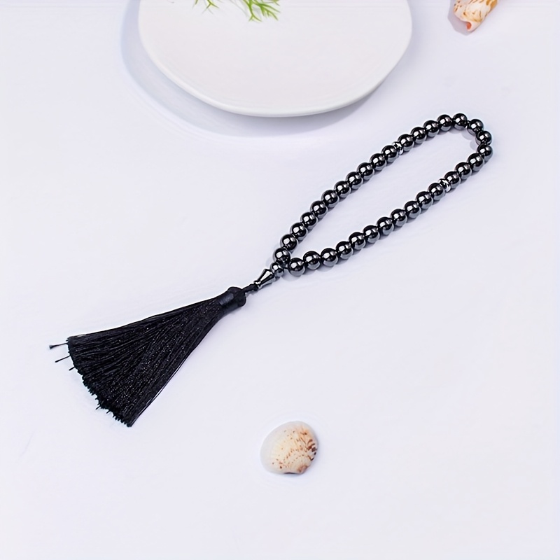 TEMU 8mm Natural Black Agate Beaded Bracelet With Vintage Black Tassel - Elegant Ramadan Accessory, Ideal Gift For Women, Ramadan Gift|elegant Tassel