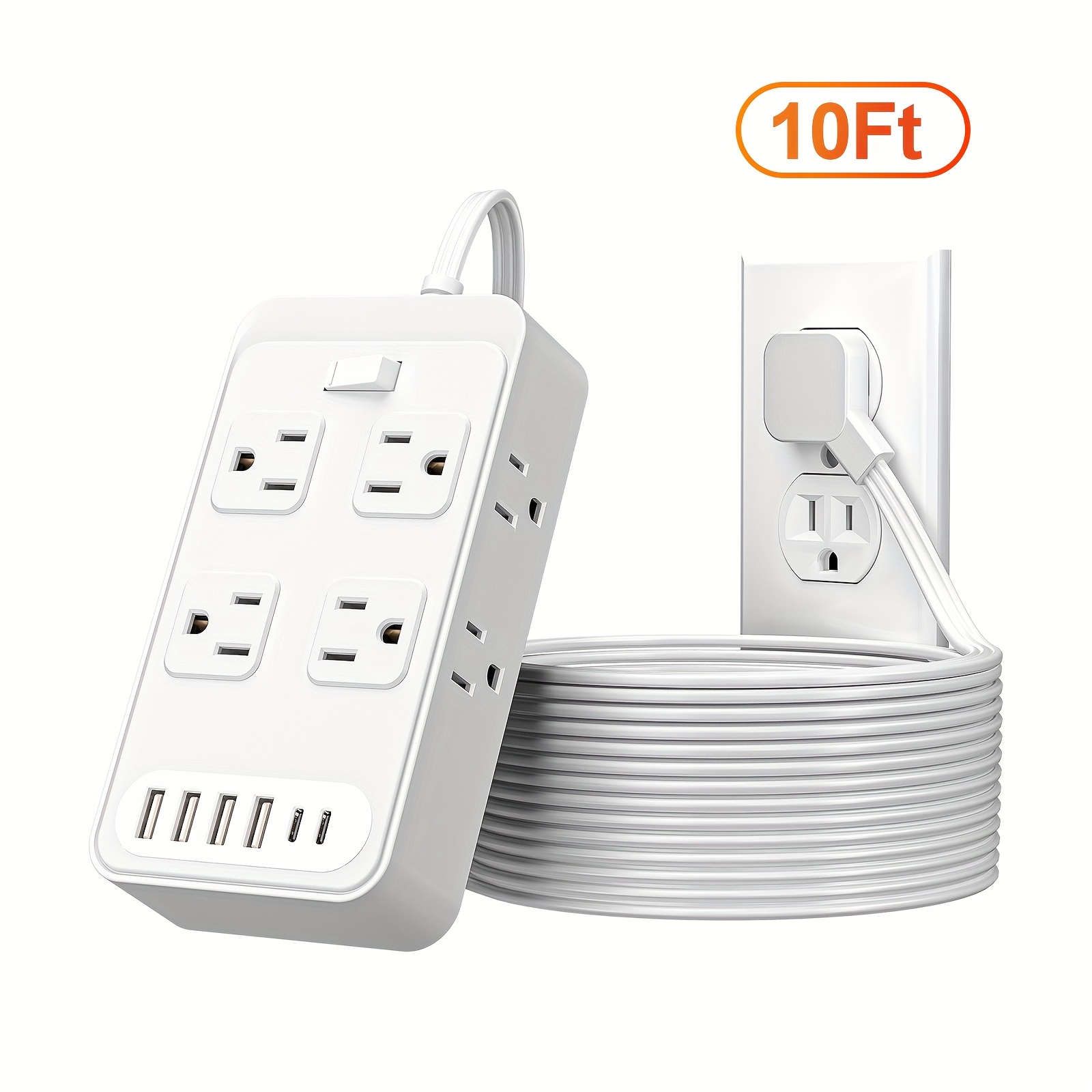 TEMU Outlet Extender Power Strip With Protector, With 3 Inch Short Extension Cord, 8 Ac Outlets, 6 Usb Charging Ports (4 Usb A & 2 Usb C), Desk