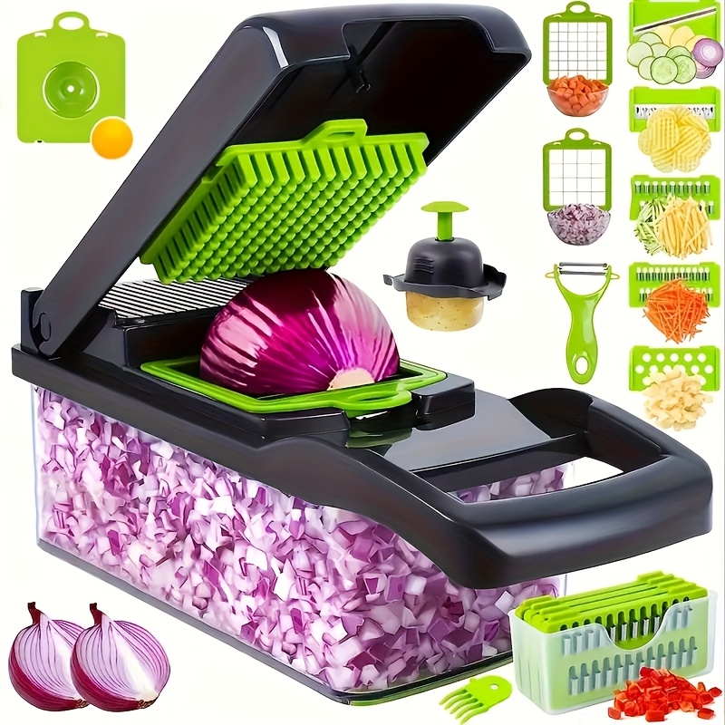 16pcs set multifunctional vegetable chopper professional onion chopper manual food processor with container for salad potato carrot garlic essential kitchen tool plastic material black Product details 1