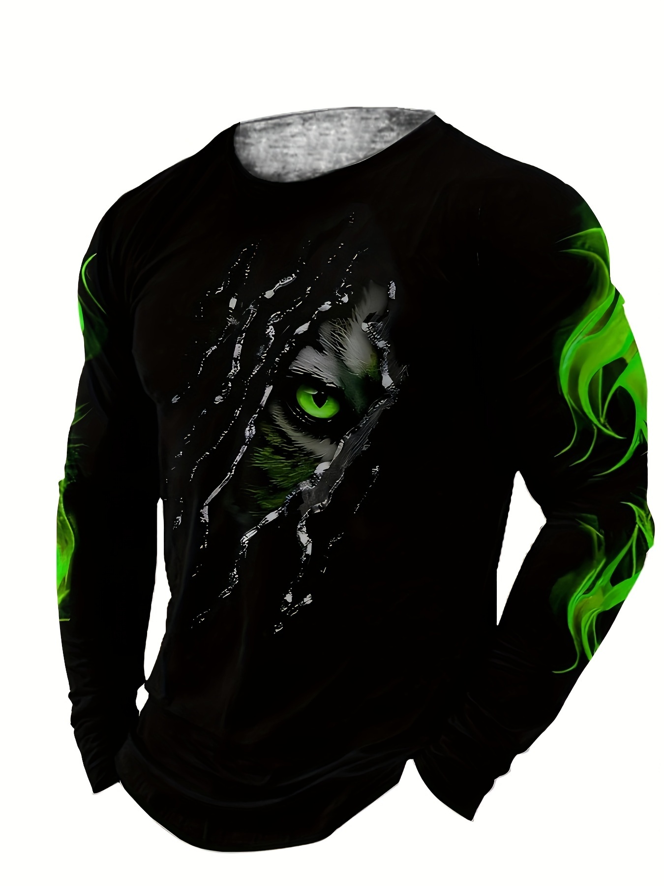 *'S Casual Long Sleeve Crew Neck T-Shirt with Green Eye and Flame Design  Fit Polyester Knit with Stretch, Animal Pattern Graphic Tee
