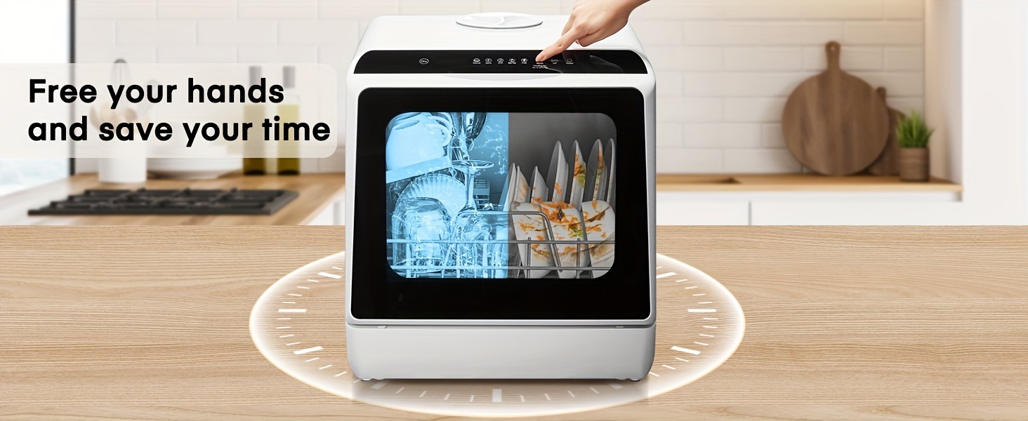 Countertop Dishwasher, No Hookup Needed, 6 Programs, Dual Spray, High-Temp & Air-Dry & Timeing Function, Portable Dishwasher Countertop with 1.32gal Built-in Water Tank, Mini Dishwasher for Home, Apartments, RVs