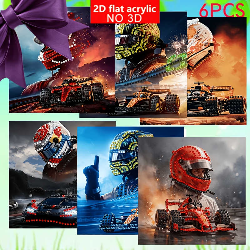 TEMU Originele 2D plat bedrukte 6-delige doe-het-zelf diamant schilderij wenskaartenset met raceauto- en portretpatronen, inclusief witte enveloppen,