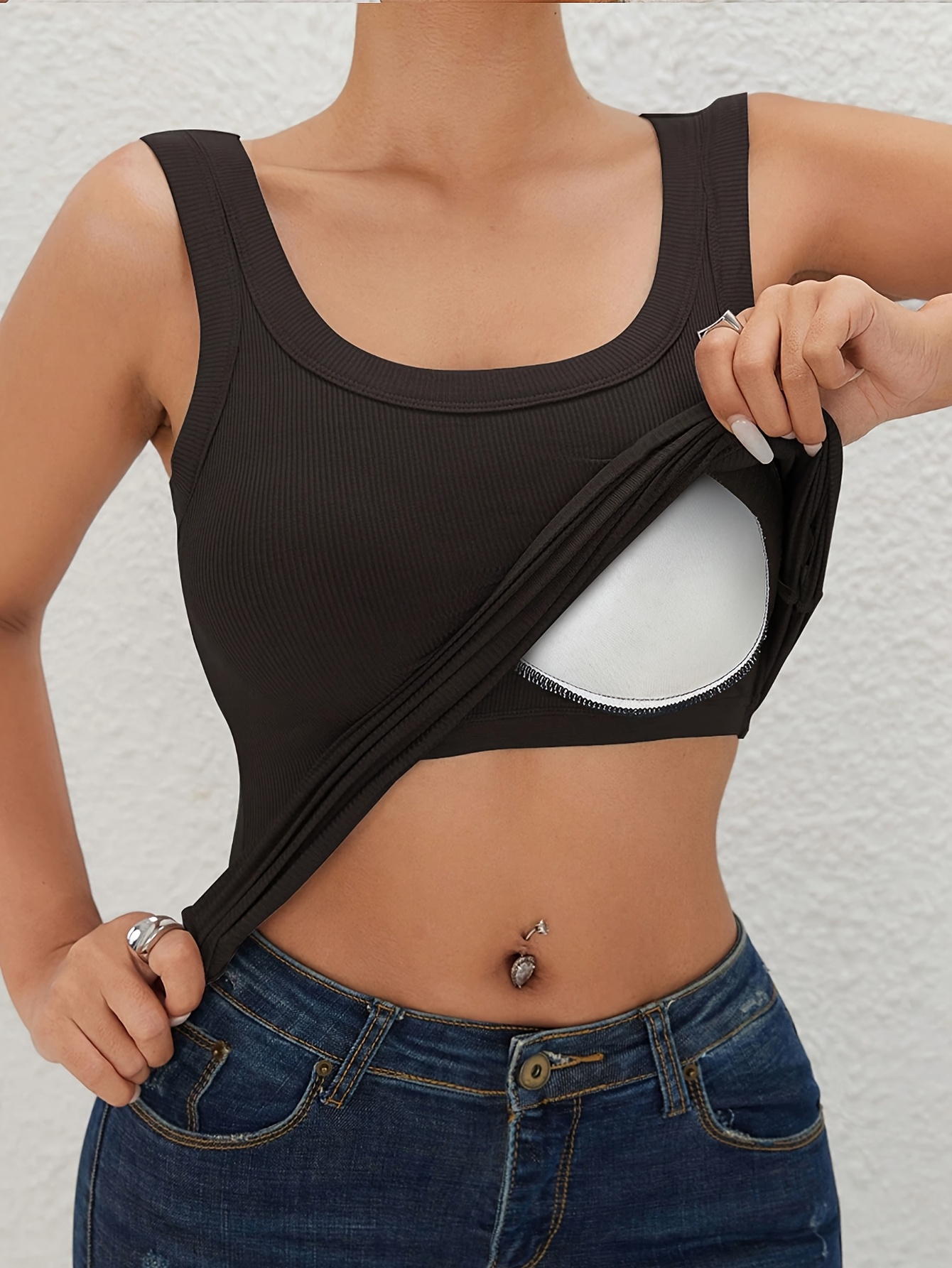 1pc solid color ribbed womens camisole with padded bust stretchy comfortable   fit for daily casual outdoor wear