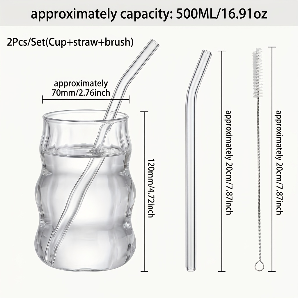TEMU 1 Set: 500ml High Borosilicate Glass Tumbler With Lid, Straw, And Straw Brush For Iced Coffee, Beer, And Tea; Creative Milk Tea Cup For School