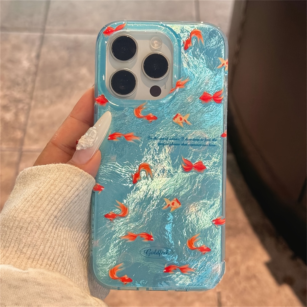 

Korean-style Blue Ocean Phone Case Featuring A Lazy Goldfish, Water , And Glitter, Compatible With Iphone Models 15, 14, 16 Pro Max, 13 Pro, And 12.