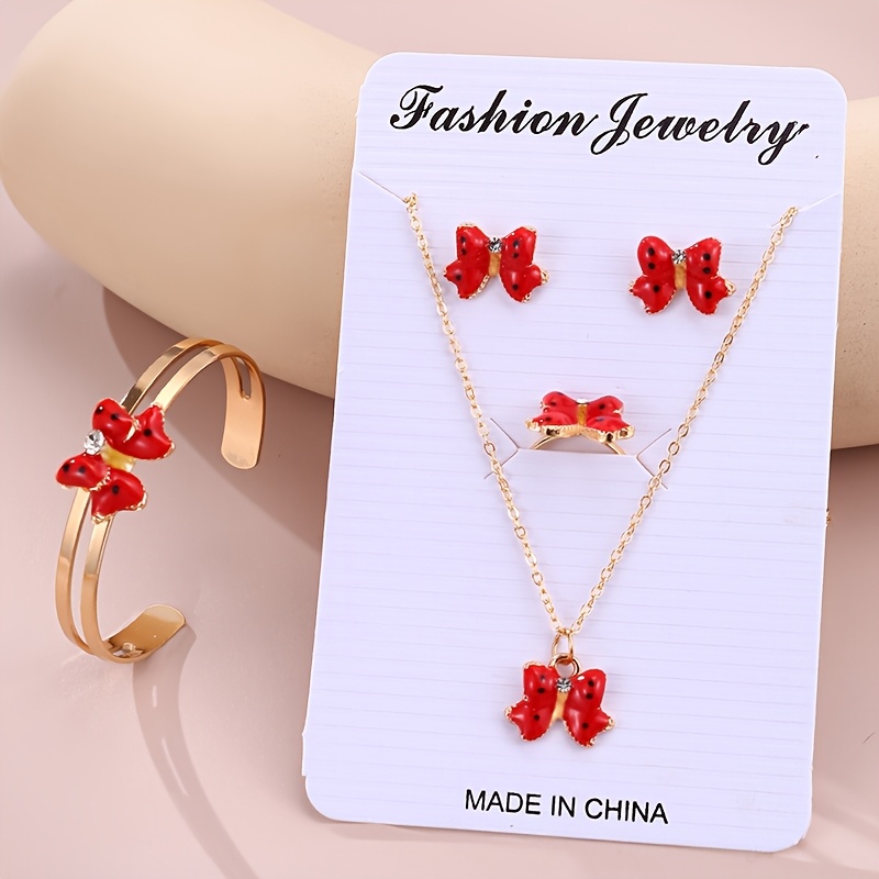TEMU Ensemble de bijoux pour filles : 5 pièces Nouvel An, collier, bracelet, bague, boucles d'oreilles à nœud à pois