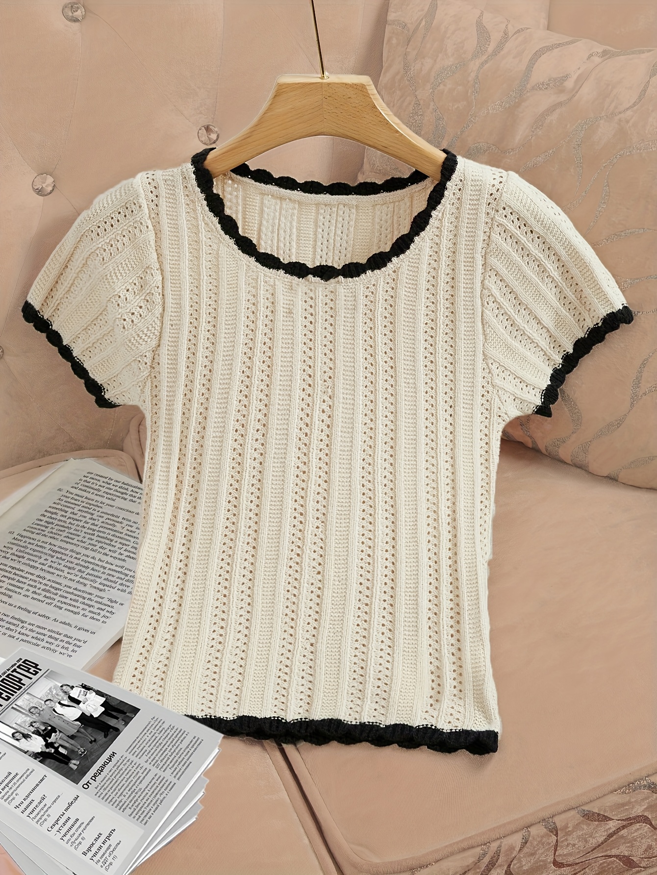 blusa crochet casual mujer detalles bloque color cuello Temu
