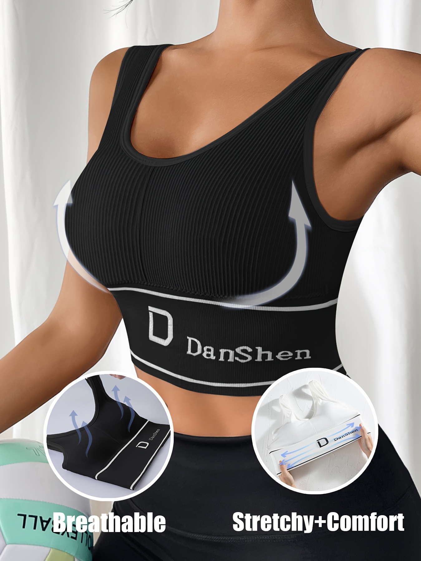 DanShen Women's High-Support Sports Bra - Wireless, Padded, Stretchy Nylon Blend for Yoga & Running, Mint Green Ribbed Design with White Logo, Machine Washable