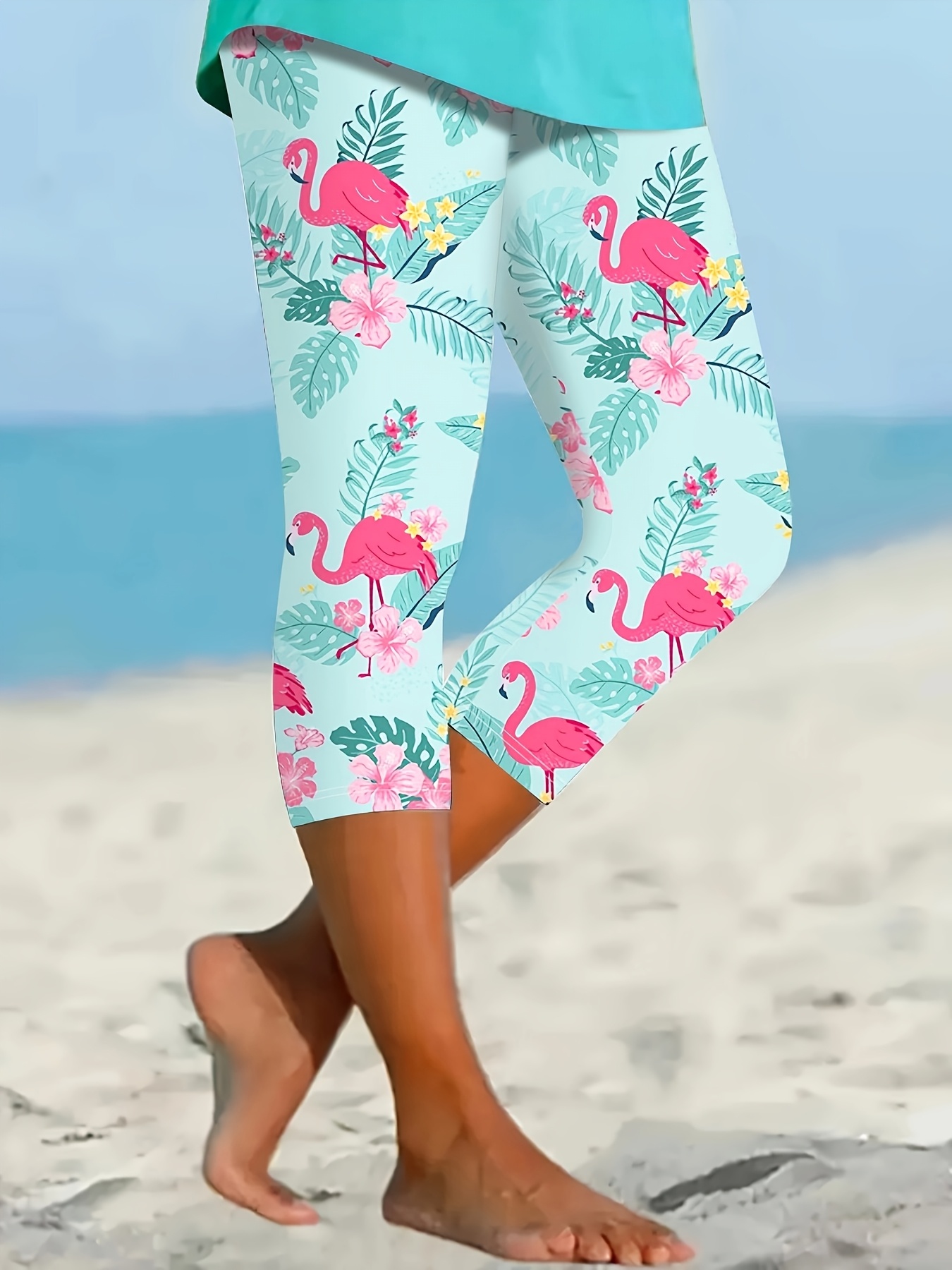 womens high waisted capri leggings tropical flamingo palm Temu