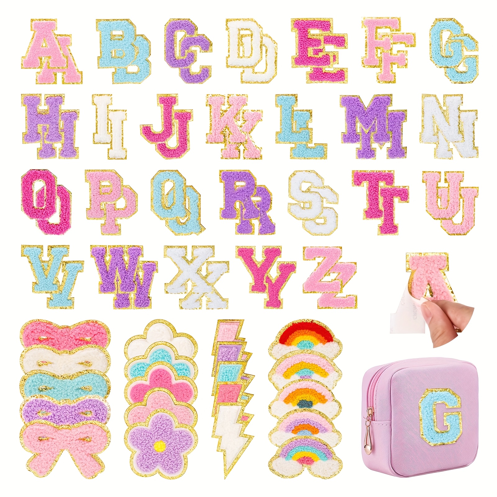 TEMU This Set Includes 72 College-style Snowniel Patches For Clothing Projects, Featuring 52 Letter Patches And 20 Illuminated Bow Patches, Which