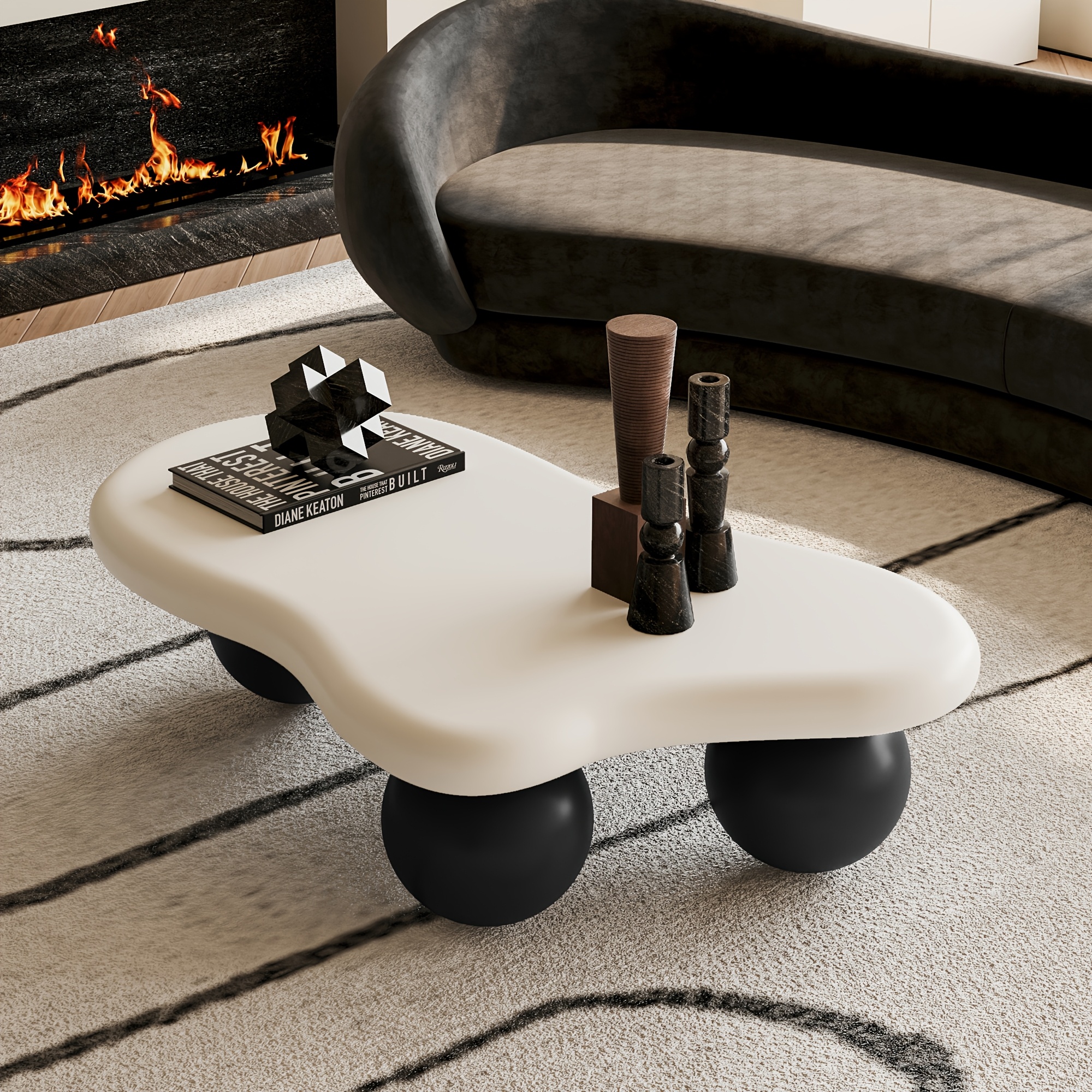 40 Inch Cloud Shaped Coffee Table with 3 Ball Legs Modern Irregular Accent Table White Top Black Legs Sturdy MDF Construction Smooth Curved Corners Child Pet Friendly Easy Assembly Spacious Surface for Living Room Bedroom Apartment Home