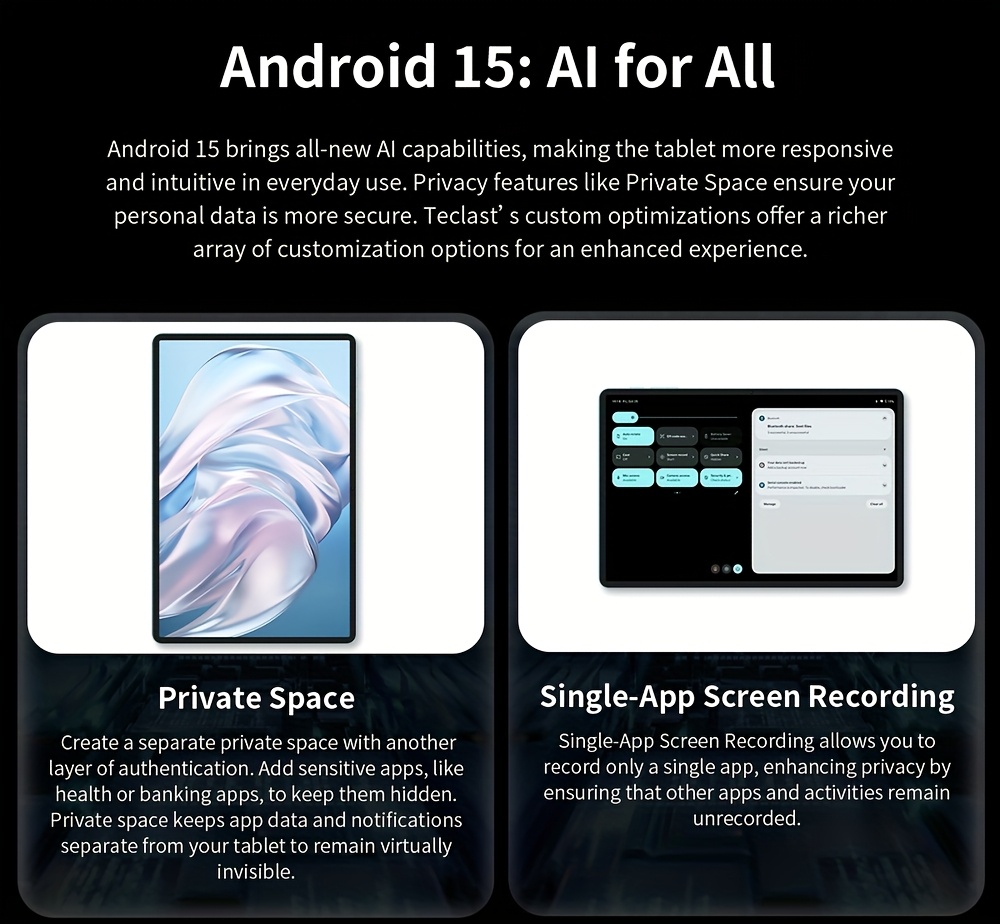 Teclast T60 AI Tablet PC 12-inch Pad with 16GB RAM (6GB+10GB Extendable), 128GB ROM Storage, Supports 1TB TF Card, 2K Display (2000x1200 Resolution), 90Hz Refresh Rate, Split Screen, Android 15 with AI Text Extraction, Metal Unibody, 8000mAh Battery