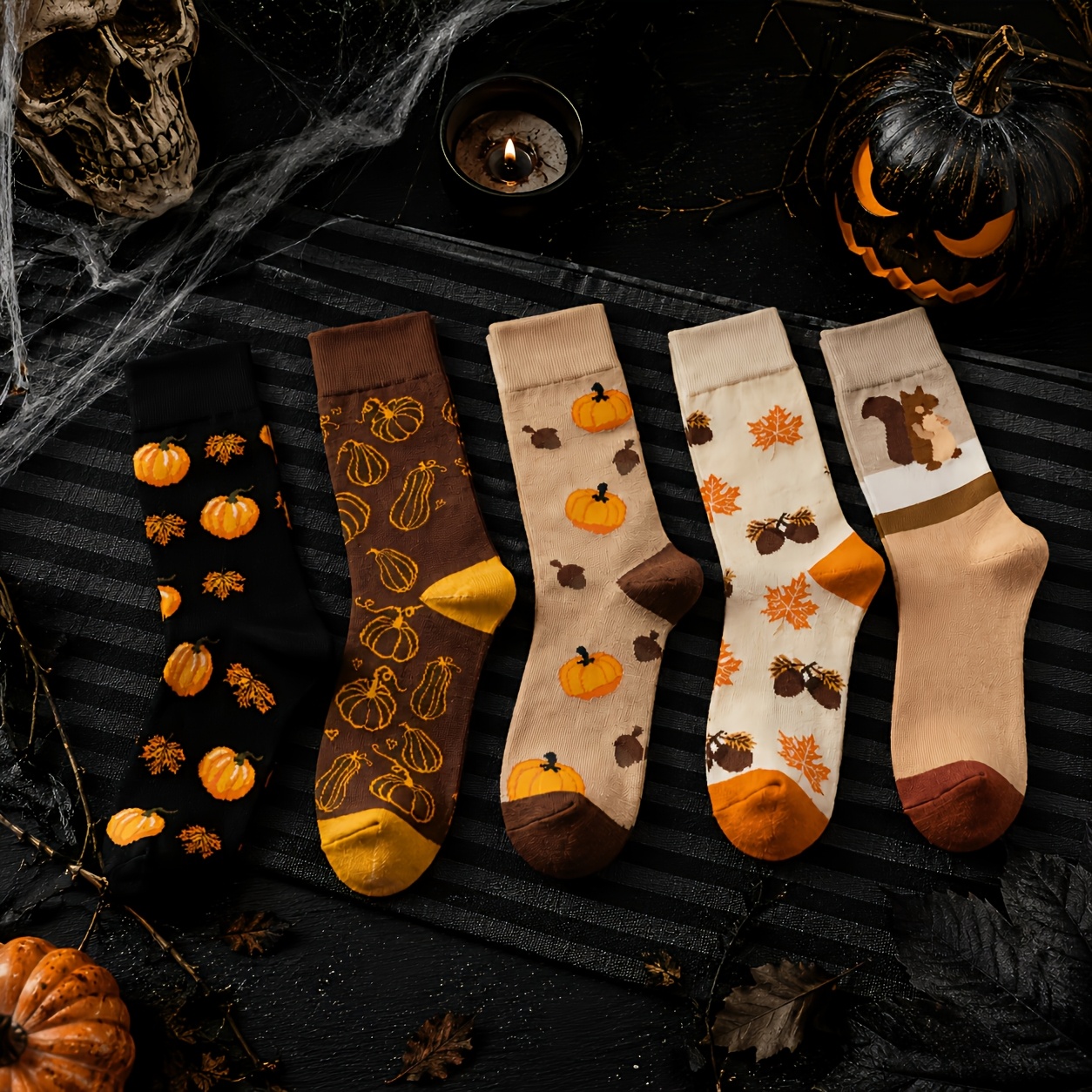 TEMU 5 Pairs Halloween Fall Theme Crew Socks, Pumpkin Maple Leaf Squirrel Socks For Women, Autumn Daily Wear