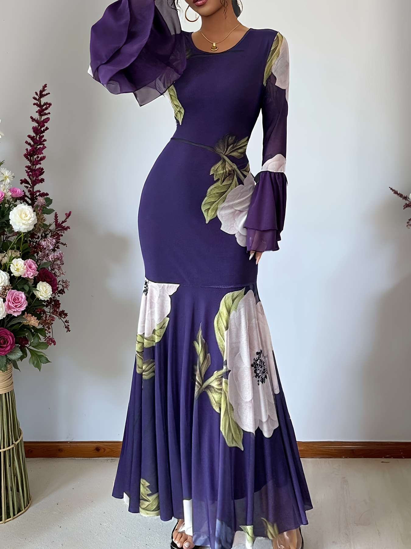 elegant chiffon fairy tale maxi dress with floral print - short sleeve,  v-neck, ruffle detail, a-line silhouette for women, spring & fall, floral  print dres | Shop Now For Limited-time Deals |