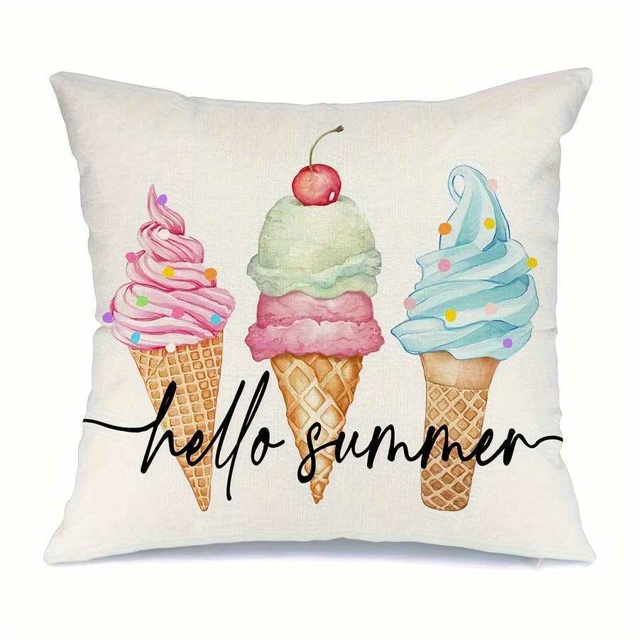 

1pc, Linen Summer Pillow Cover Ice Cream Cones Decor Farmhouse Seasonal Decorative Throw Pillow Case For Home Sofa Couch, 16x16in, 18x18in, 20x20in (no Pillow )