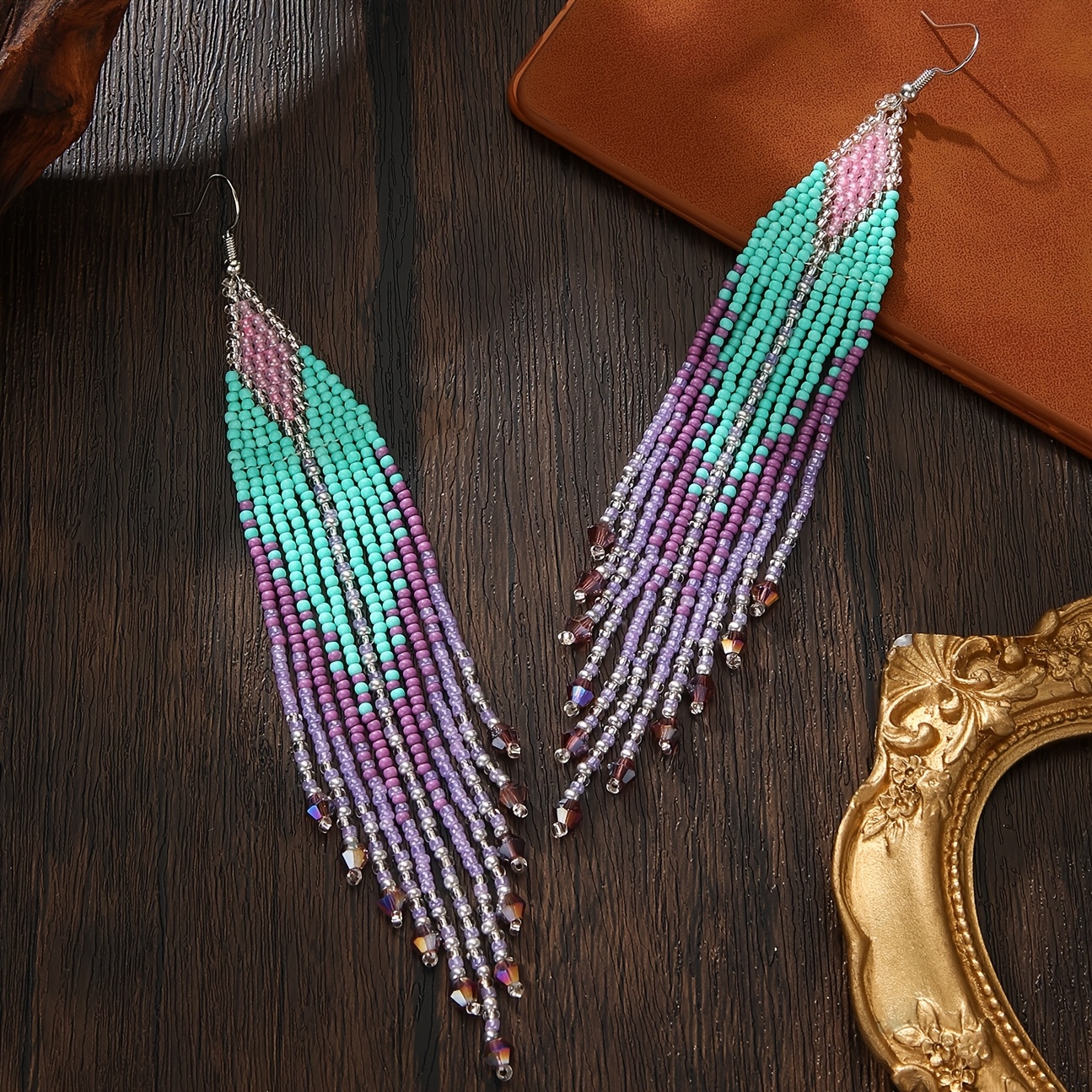 Women's Handmade Mint & Lavender Seed Bead Tassel Dangle Earrings