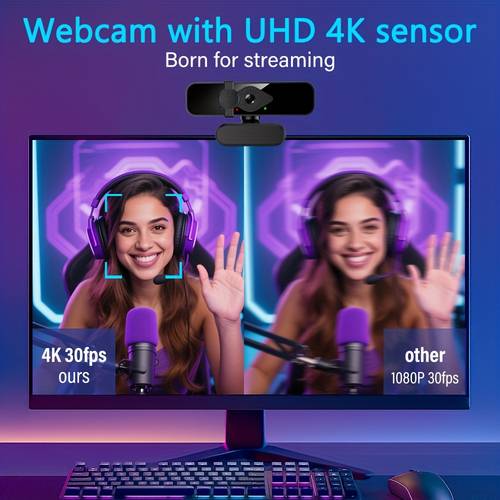 photo de l'article caméra réseau 4k avec cache de confidentialité et microphone intégré, base rotative à , plug and play, pour pc portable, streaming en ligne, conférence, alimentée par usb, batterie requise