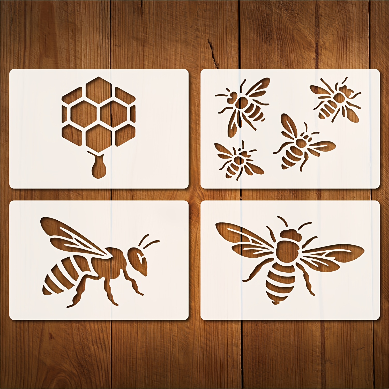 A Set Of 4 Stencils Featuring Bees And Beehives, Designed For Repeated Use In Painting And Drawing. Templates Are Perfect For Artistic Projects, Home Decor, Fabric Designs