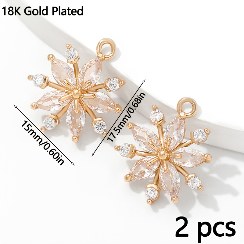 TEMU 2pcs 18k Gold Plated Brass Metal Snowflake Charms Charms Pendants, Inlaid Zirconia Flower Shape Earring Charms, Jewelry Materials