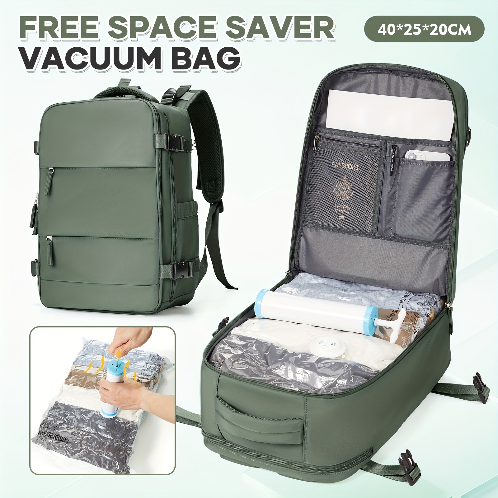 Obrázok položky príručná batožina ryanair s rozmermi 40x30x20, určená na cestovanie pod sedadlom.   univerzálny batoh pre mužov aj ženy je dodávaný s vákuovou kompresnou taškou a pumpou, ponúka priestorovo úsporné úložné riešenie, ktoré redukuje objem o až 50%. id