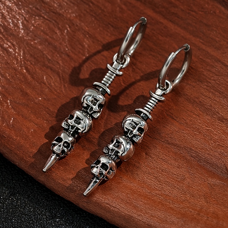 1 Pair Gothic Circular Skull Drop Earrings, Punk Style, Suitable For Women To Wear At Banquets, Parties, And Halloween Events