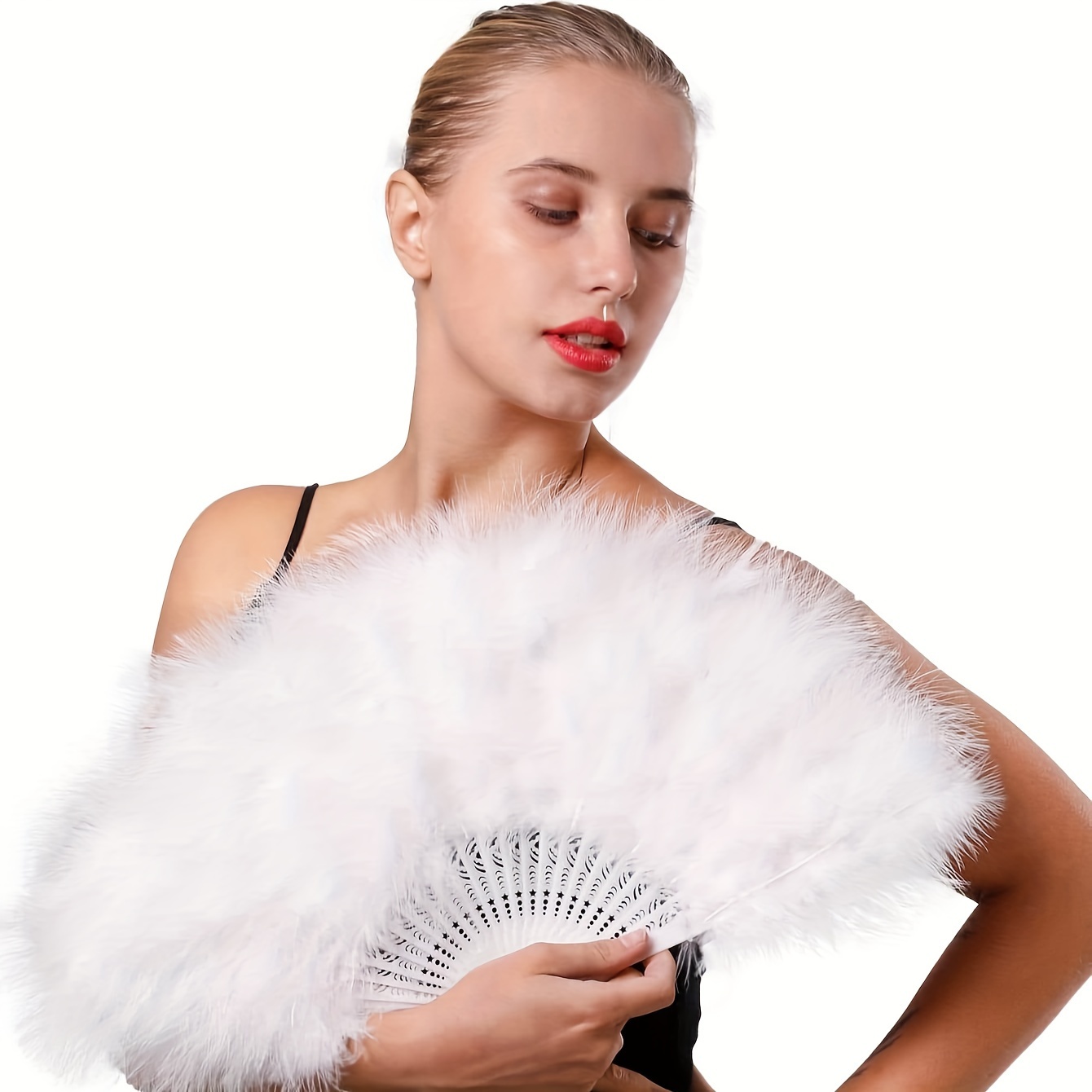 

1pc Vintage Style Feather Fan, Large Folding Handheld Fan 20" With Plastic Frame, Perfect For Costume Dance Performance, Tea Parties, And Wedding Decor, Mother's Day Spring Easter Gift