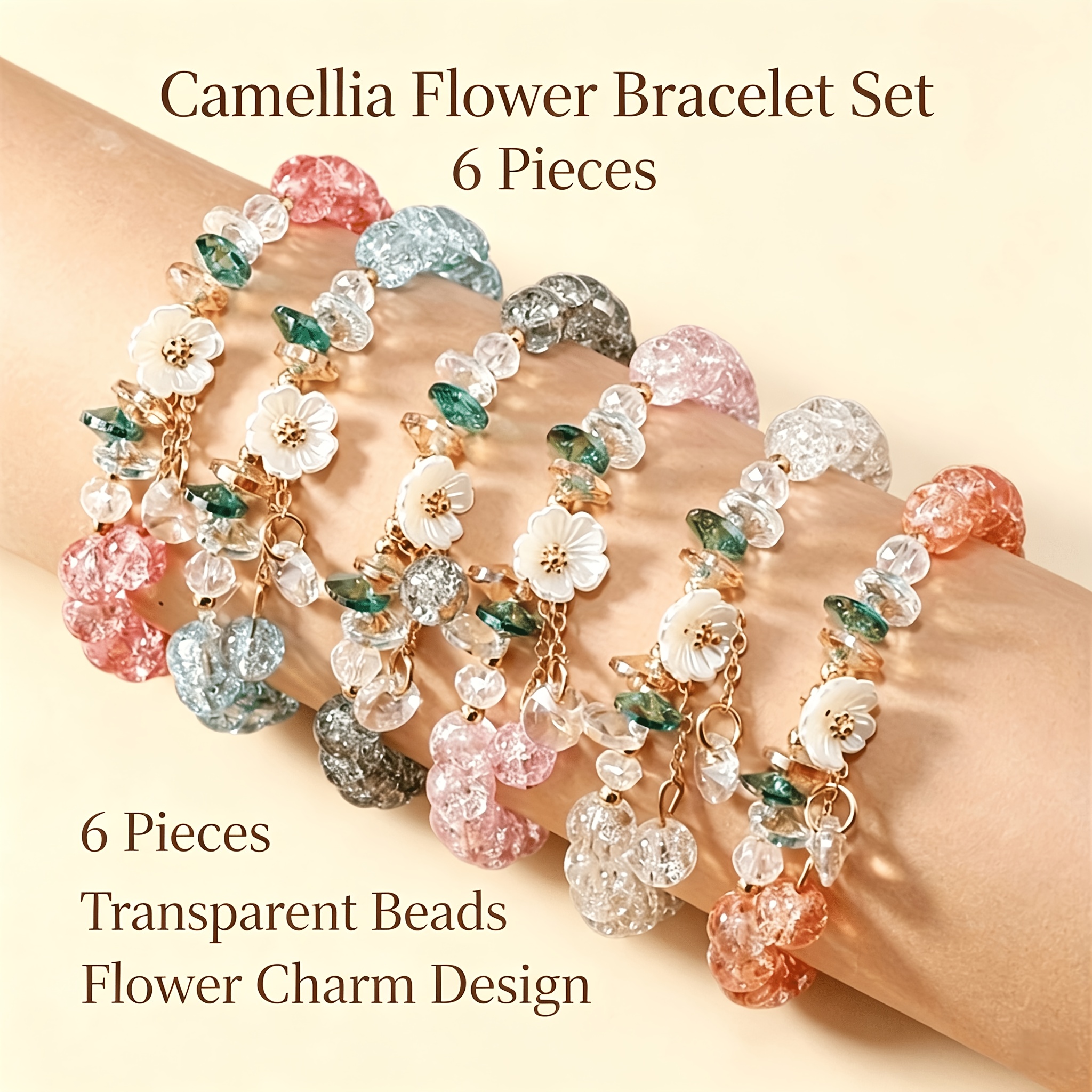 TEMU 6pcs Women' Flower Bead Bracelets, Sweet Floral Pendant Bracelet Set With Artificial , Suitable 15 And Up, Valentine's Day Jewelry Gift