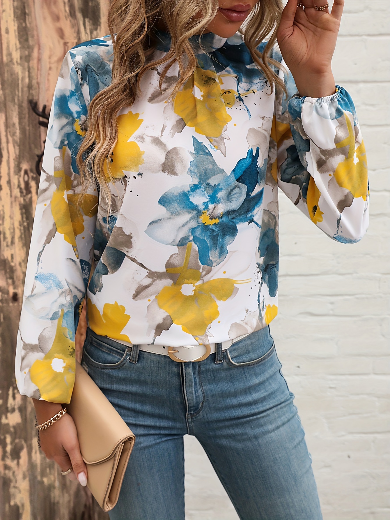 Women's Floral Print Pleated Long Sleeve Blouse