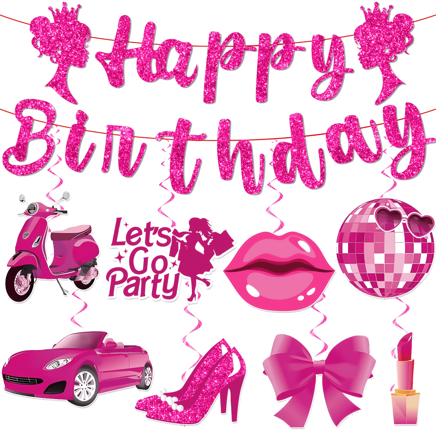 18pcs, Party Banner, Pink Birthday Party Banner Hanging Swirls Decorations