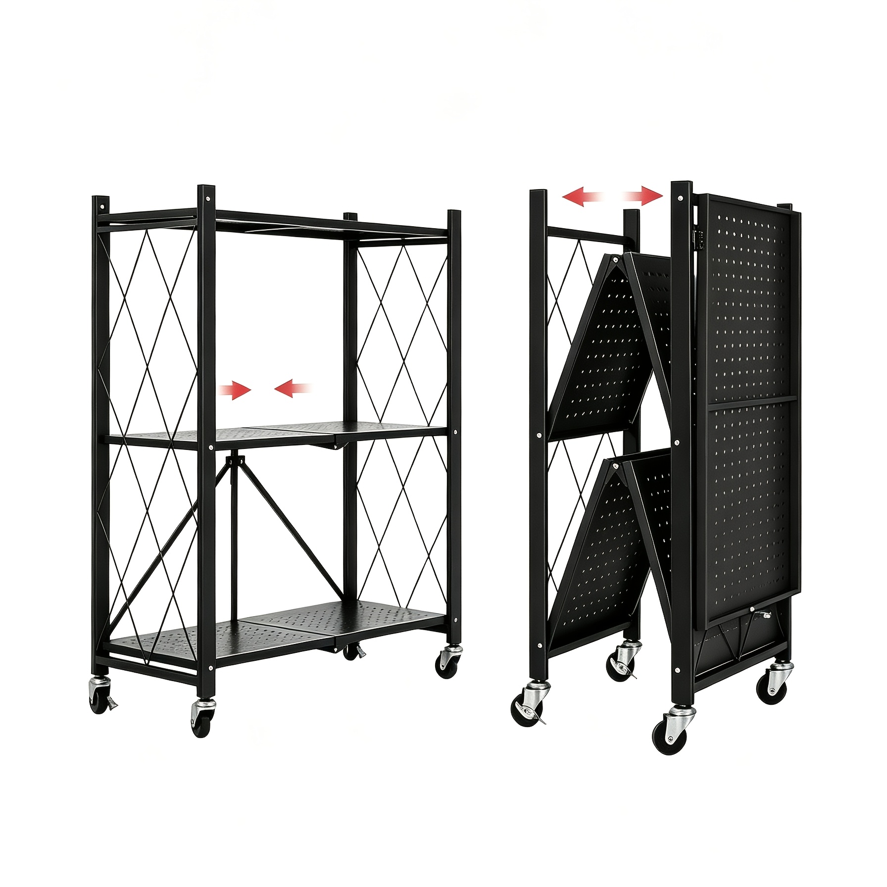TEMU Black 4-tier Foldable Metal Storage Rack With 360° Rotating Wheels, Collapsible Iron Shelving Unit, Rolling Utility Shelf For Warehouse, Garage,