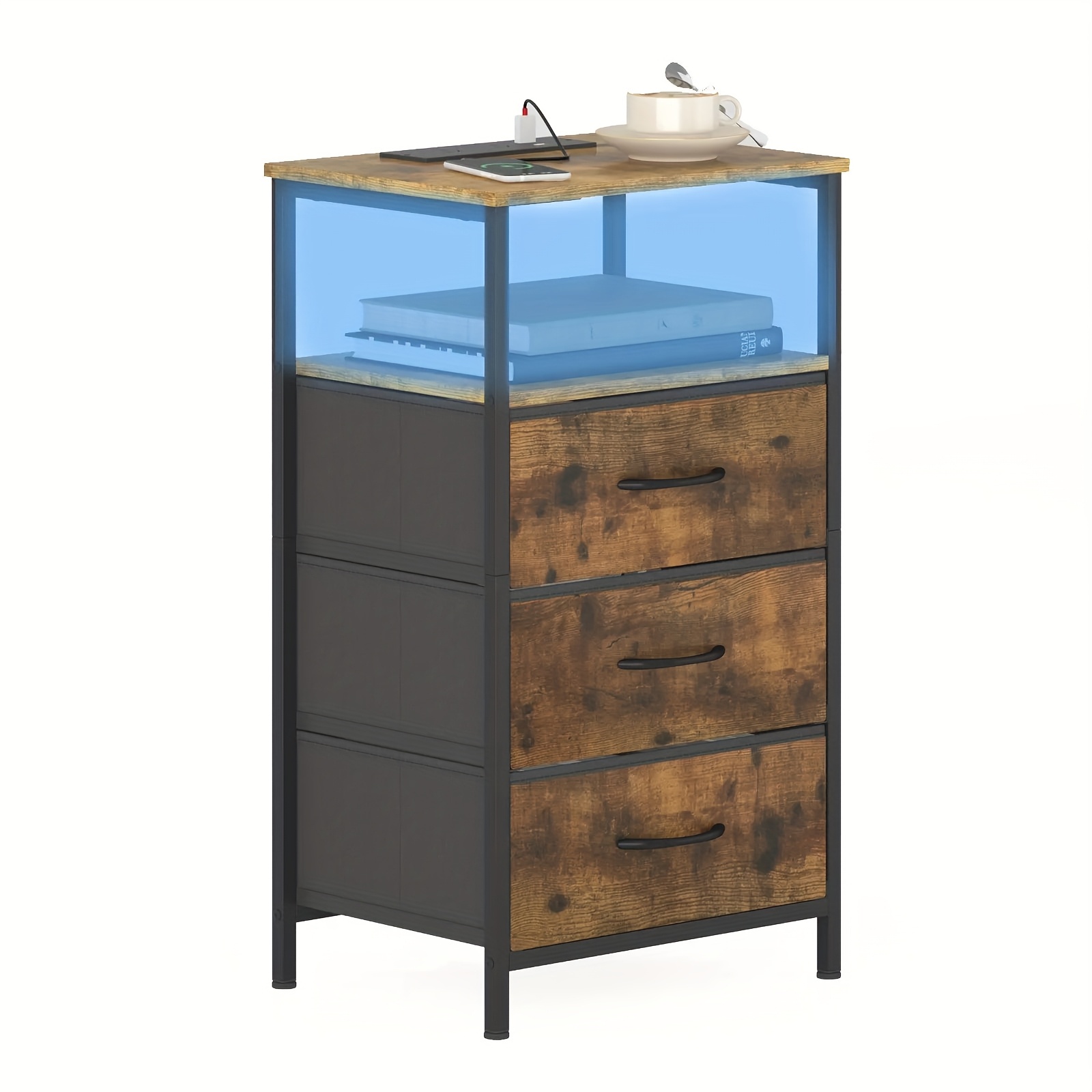 2pcs bedside   fabric drawers wooden tabletop led nightstand with charging station and usb port chest of drawers with storage shelf walnut Product details 2