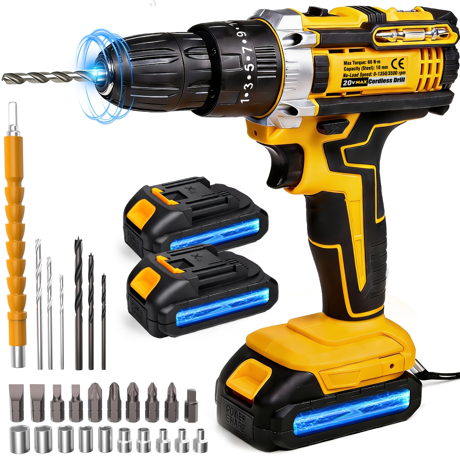 Image of 20v Cordless Drill Driver Kit, Long-lasting Battery & 2-speed, With Led Work Light And Level, For Projects, , Woodworking, Perfect Gift For Men