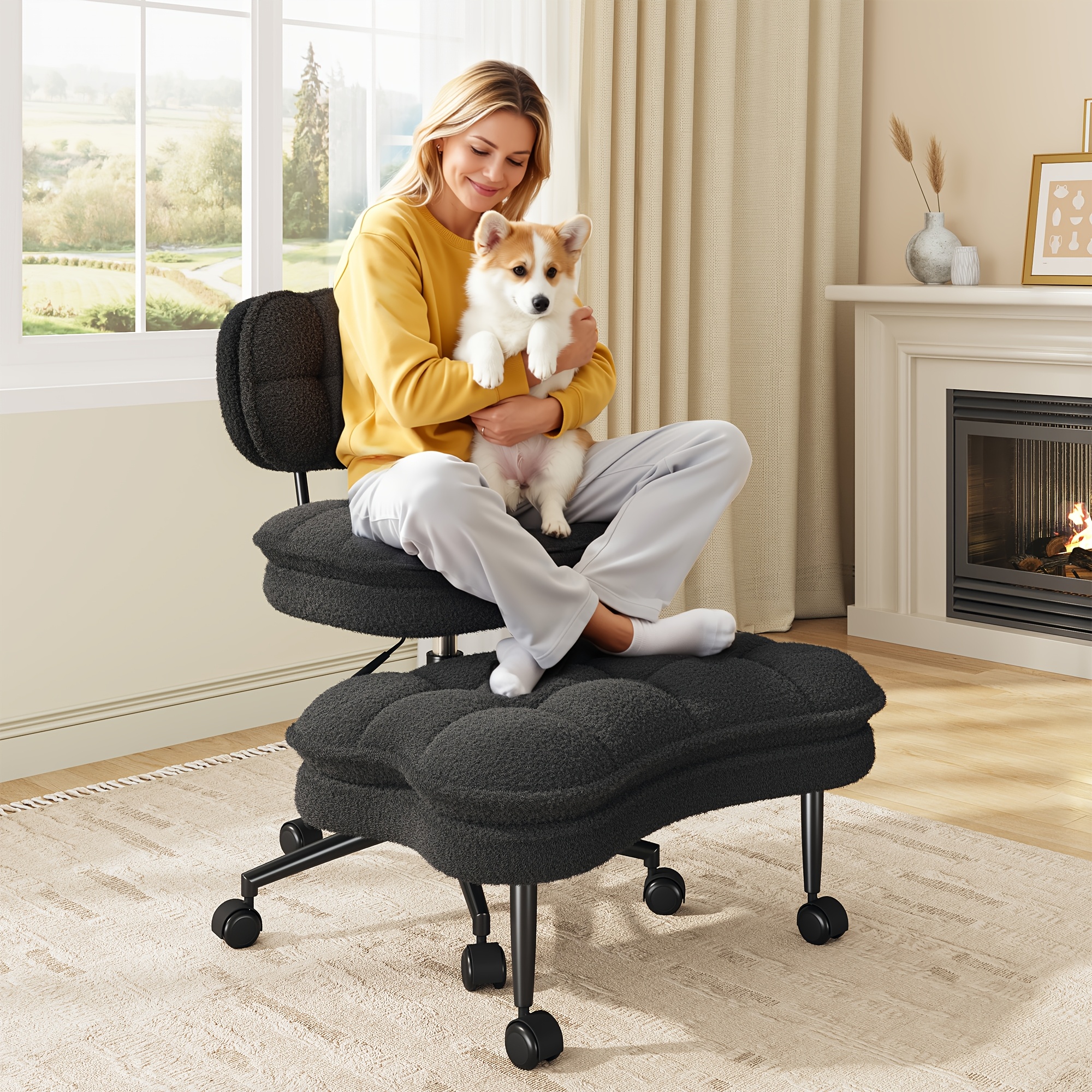 DURAYLOLY Ergonomic Cross Legged Chair, 360° Swivel Meditation Chair with Wheels, Height Adjustable Seat, Strong Lumbar Support, Home Office Furniture, Teddy Fabric