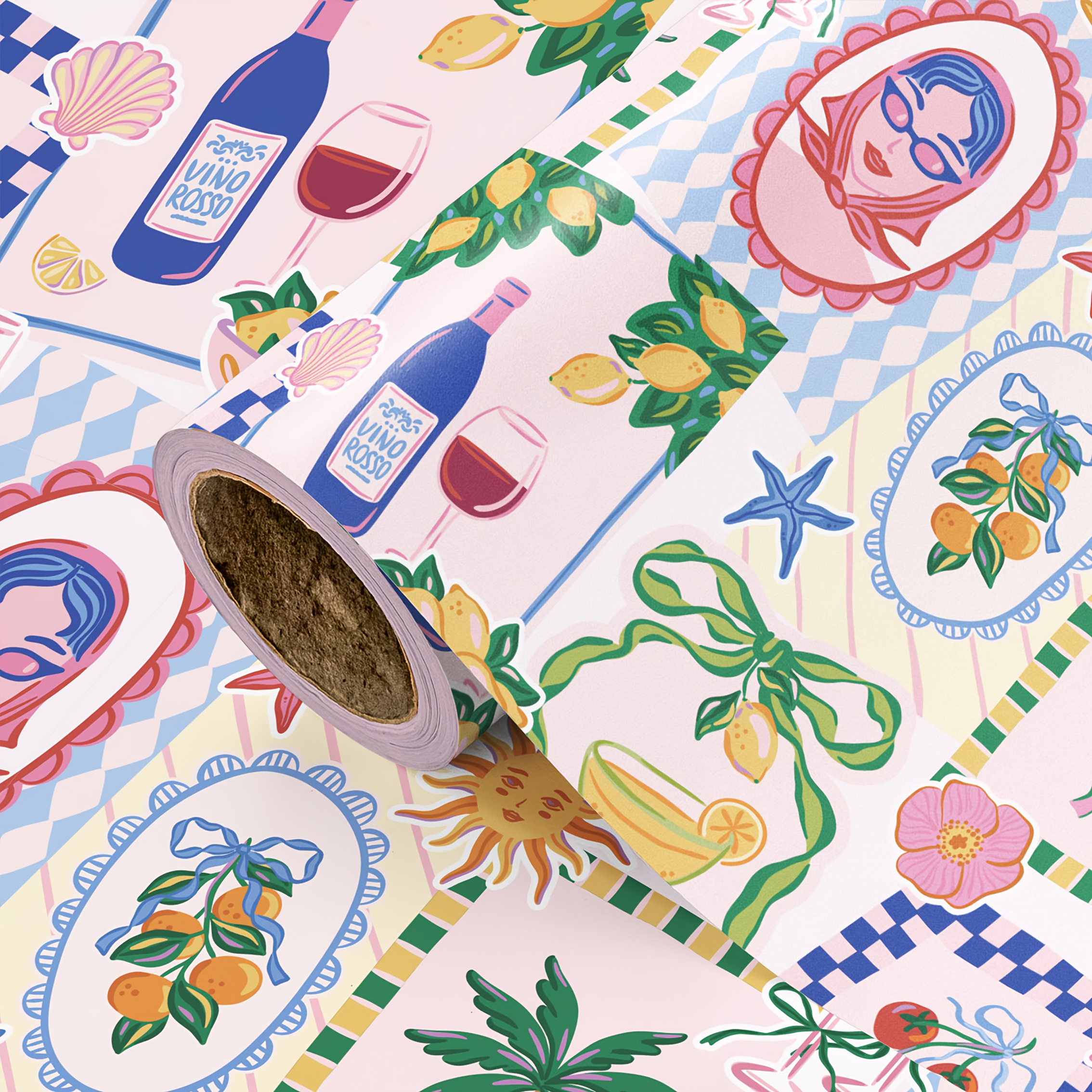Image of 1 Roll Gift Wrapping Paper | Design With Ornate Framed Figures, Lemons, Palm Trees, Starfish, & Drinks - Ideal For Gifts - 43.2cm X 500cm (17 Inches X 16.5 Feet)