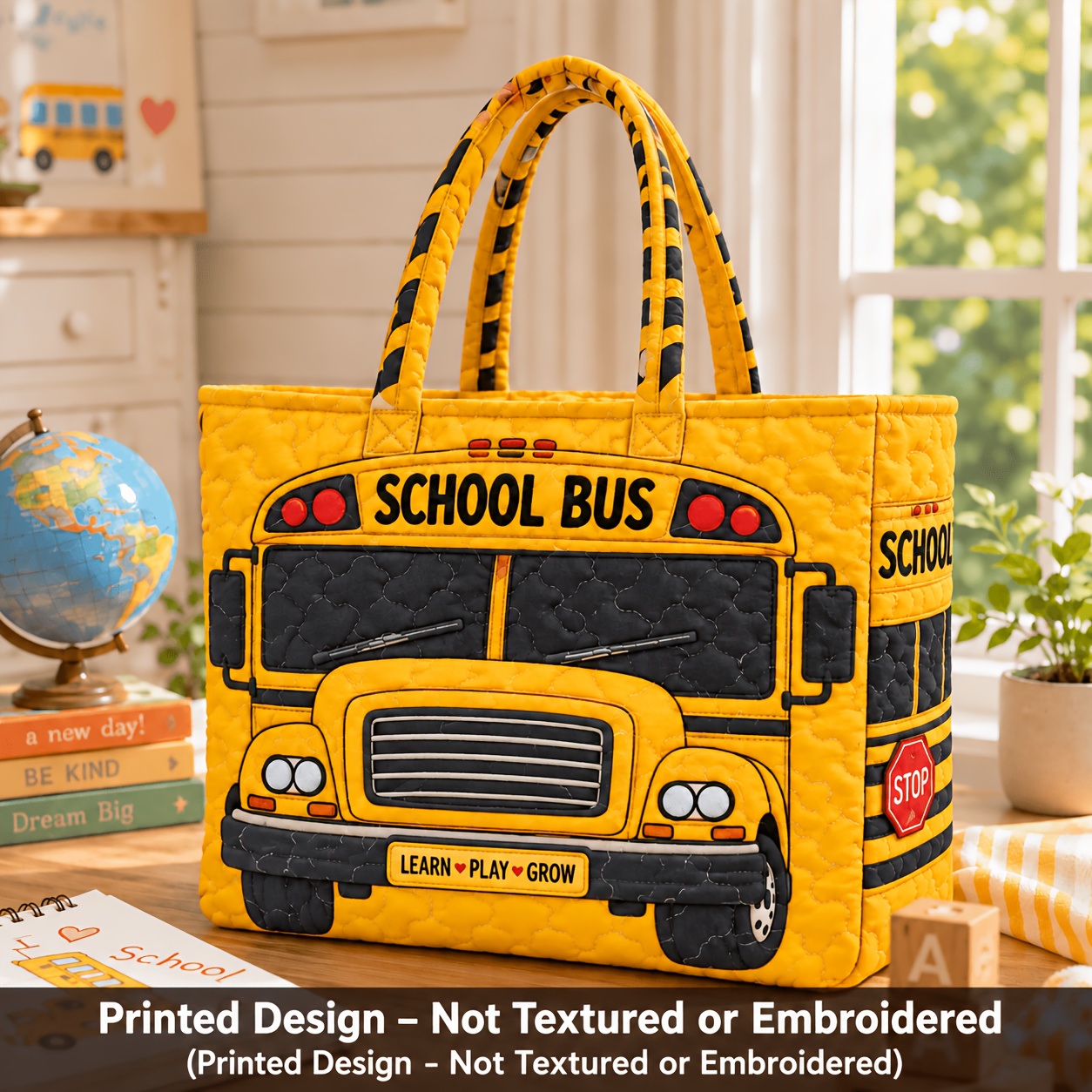 TEMU Printed Design - Not Textured Or Embroidered, 1pc Quilted Tote Bag, Yellow School Bus Print, Large Capacity Lightweight Handbag Shoulder Bag,