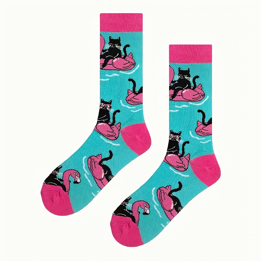 Image of 1/5/8 Pairs Men's Crew Socks With Cute Cat, Flamingo Swim Ring Patterns, Versatile Crew Socks For Women, Lake Fun Theme, Breathable Comfortable, Personalized Gifts, , Great For Autumn Winter